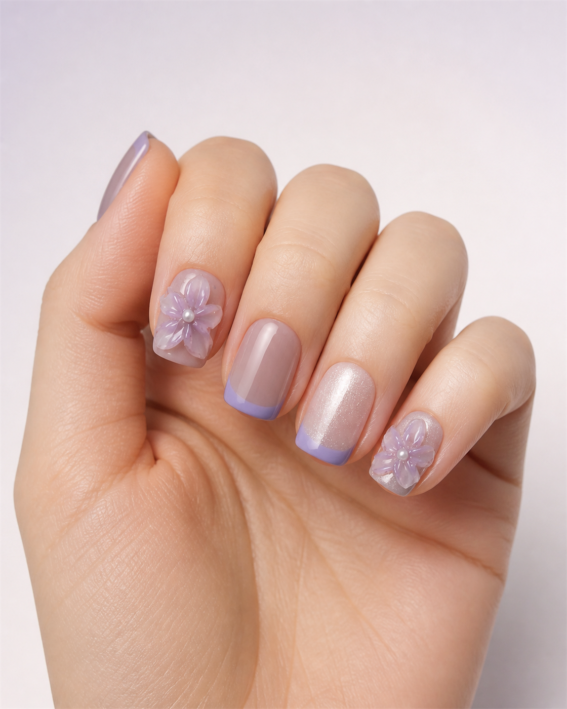 Hand wearing short-square lavender press-on nails with purple tips and dimensional flowers.