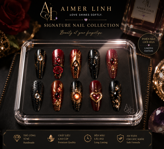 A set of 10 artificial nails from Aimer Linh Signature Nail Collection, displayed in a clear plastic tray on a black background. The nails feature various designs including black and red glitter, rose gold with gold details, and a heart motif.